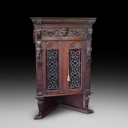 Late19thc Flemish Carved Oak Corner Cabinet