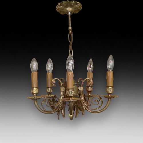 Early 20thc Gilt Metal 5 Arm Chandelier