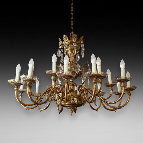 Early 20thc 18 Light Brass and Crystal Chandelier