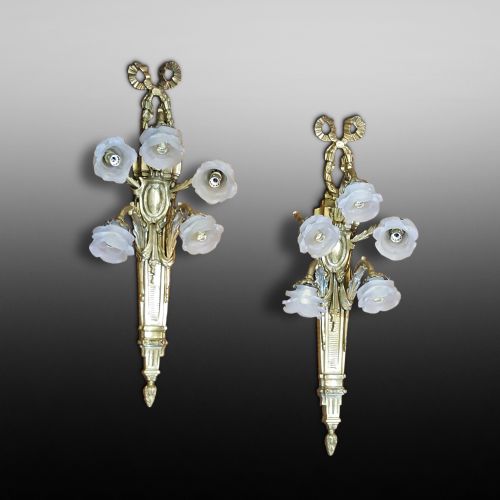 Large Pair of Cast Brass Five Light Wall Sconces