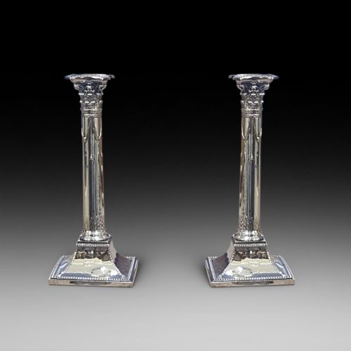 Pair of Early 19thc Plated Corinthian Column Candlesticks