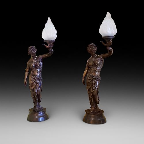 Pair of French Early 20thc Bronze Figural Table Lamps