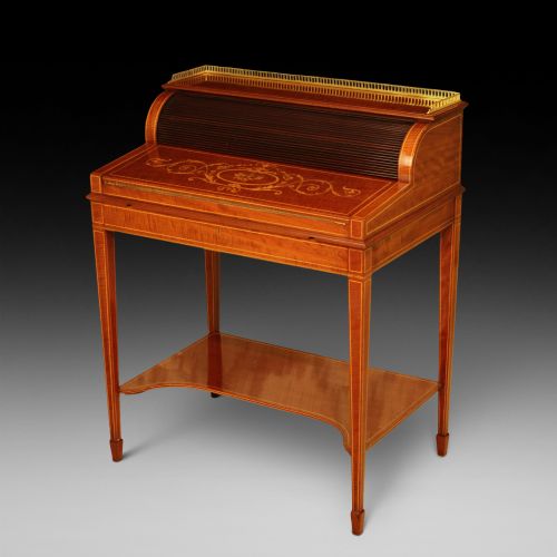 Late Victorian Mahogany Inlaid Cylinder Desk Circa 1890