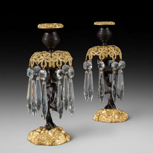 Pair of Regency Patinated Bronze and Gilt Bronze Lustres