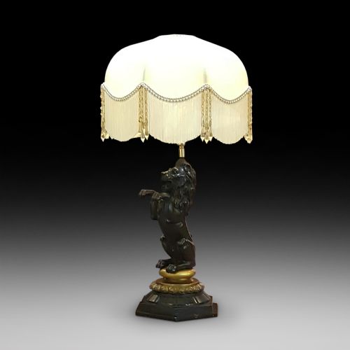 Early 20thc Bronze Lion Table Lamp
