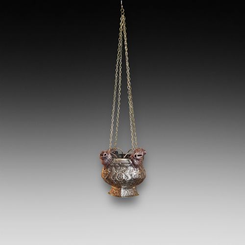 19th Century Tibetan Brass and Copper Lions Head Incense Burner