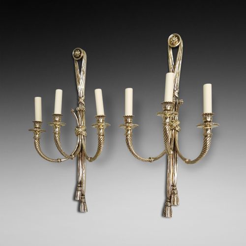 Pair of Edwardian Brass Three Branch Lamp Sconces