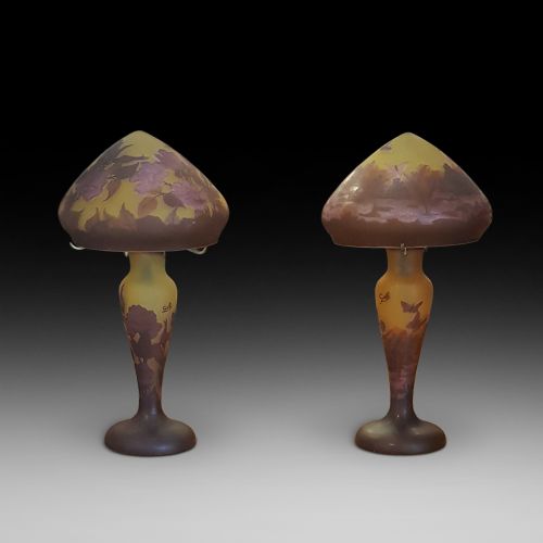 Matched Pair of Galle Art Nouveau Style Cameo Glass Table Lamps