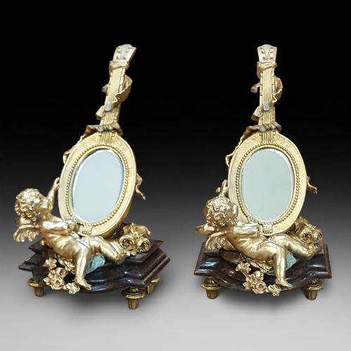 Pair of Gilt Bronze and Marble Table Mirrors