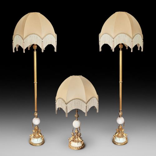 Early 20thc Alabaster and Gilt Lamp Set