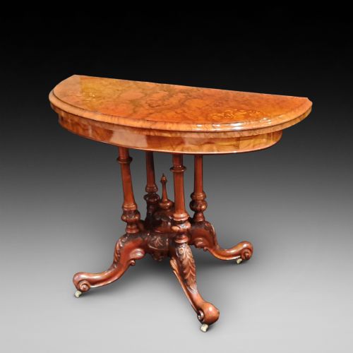 Victorian Burr Walnut Demi Lune Card Table