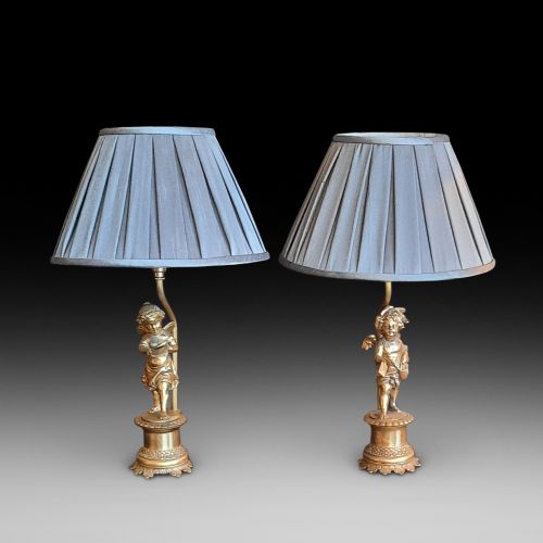 Pair of  Early 20thc Gilt Bronze Table Lamps