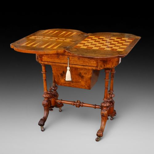 Victorian Black Walnut Fold Over Games and Sewing Table
