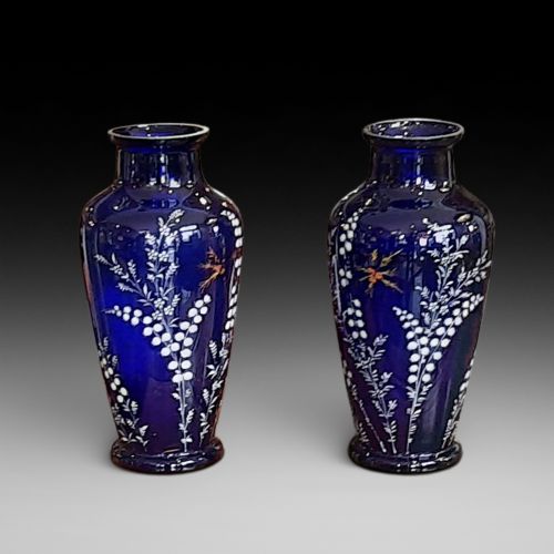 Pair of Victorian Overpainted Blue Glass Vases