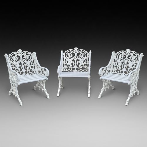 Three Early 20thc Coalbrookdale Style Cast Iron Garden Chairs