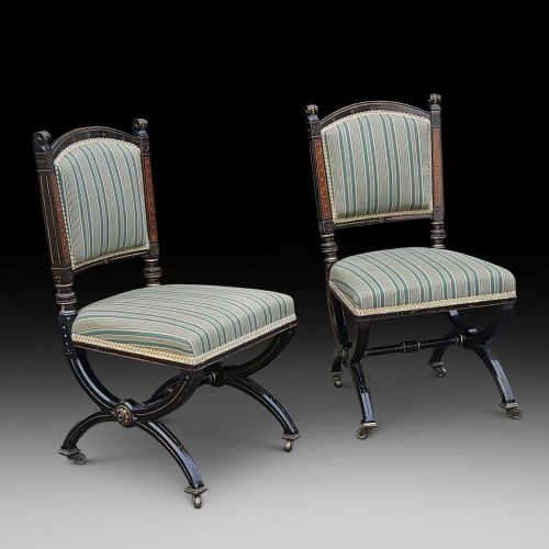 Pair of Pugin Style Gothic Revival Ebonised Chairs