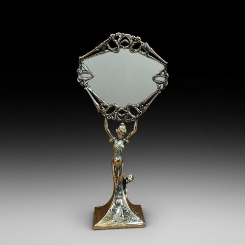 Art Nouveau Brass Figural Dressing Table Mirror