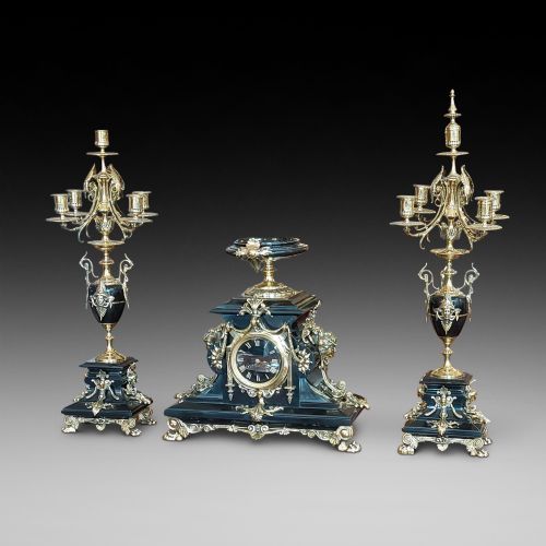 French Empire Slate and Ormalu Garniture Clock Set