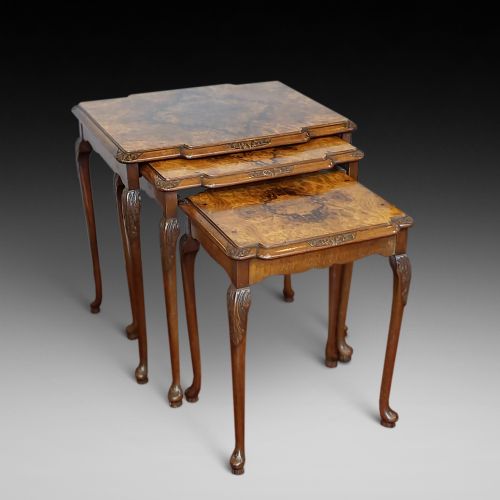 Early 20thc Nest of Three Black Burr Walnut Tables