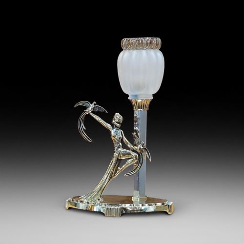 Art Deco Gilded Bronze Figural Lady and Doves Table Lamp