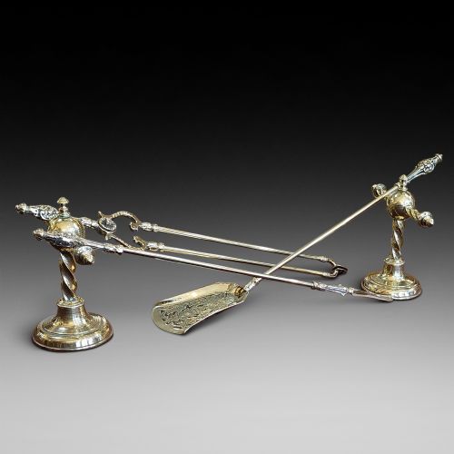 Pair of Victorian Twisted Brass Fireside Dog Stands and Tools