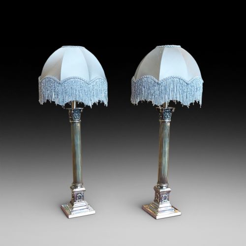Pair of Edwardian Neoclassical Corinthian Column Table Lamps