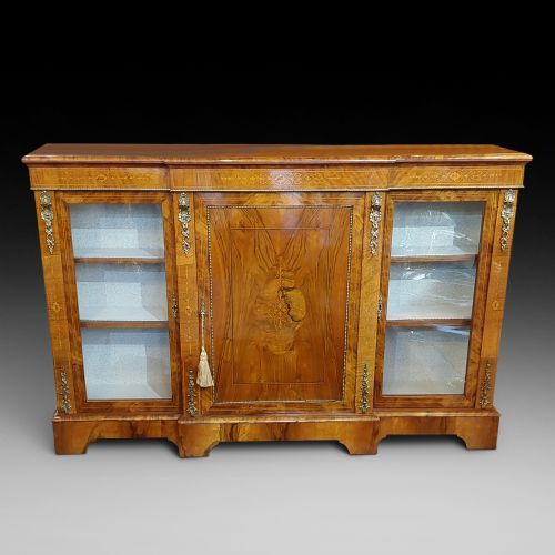 19thc Inlaid Black Walnut Breakfront Credenza Cabinet