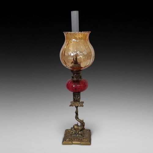 19thc Gilt Brass Oil Lamp