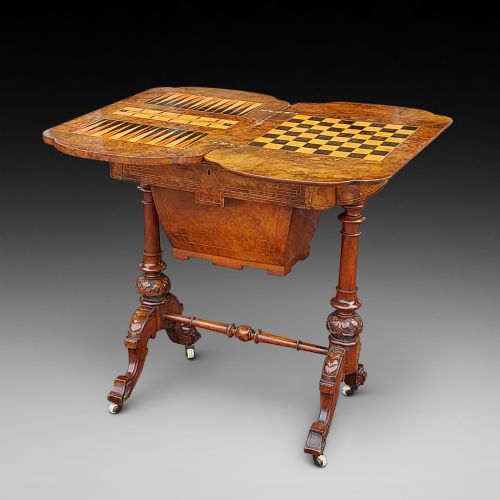 Victorian Burr Walnut Games Sewing Table