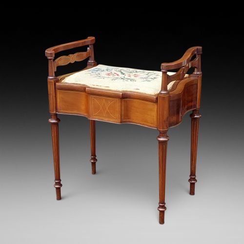 Edwardian Mahogany Inlaid Piano/dressing Table  Stool