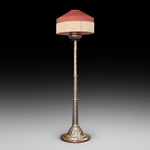 Large Indian Brass Lamp Standard Embossed with Elephants and Hindi Deities