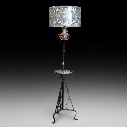 Arts and Crafts Wrought Iron and Copper Standard Oil Lamp Converted to Electric
