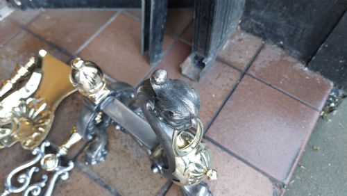 SET OF 3 VICTORIAN BRASS AND CAST IRON FIRE TOOLS WITH ANDIRONS - ADDITIONAL PHOTO 6