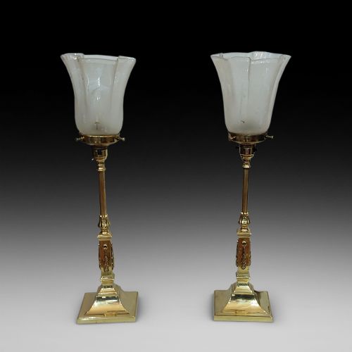 Pair of Edwardian Adam Revival Brass Table Lamps