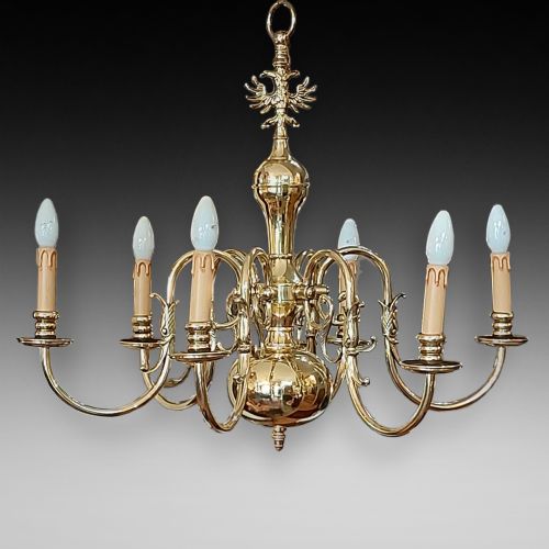 Early 20thc Dutch Brass 6 Arm Chandelier