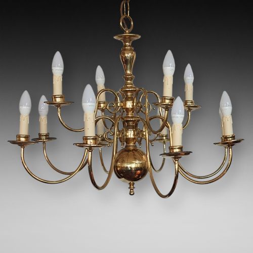12 Branch Brass Dutch Style Scroll Arm Chandelier