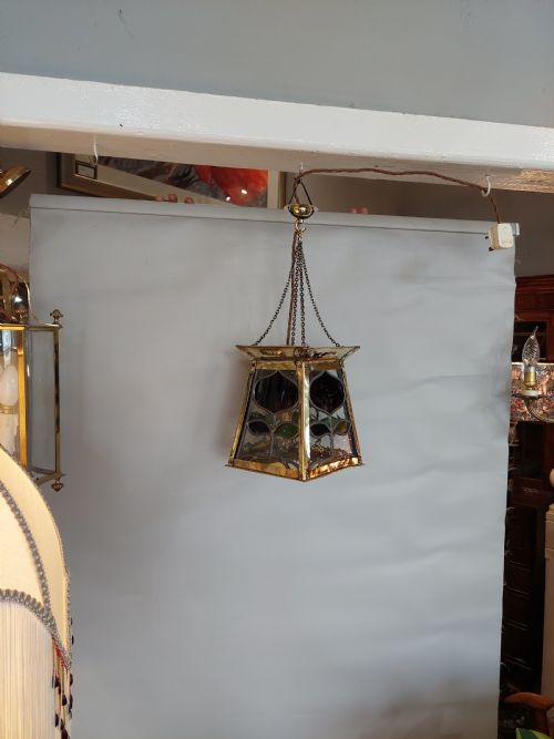 ARTS AND CRAFTS BRASS STAINED GLASS LANTERN - ADDITIONAL PHOTO 1