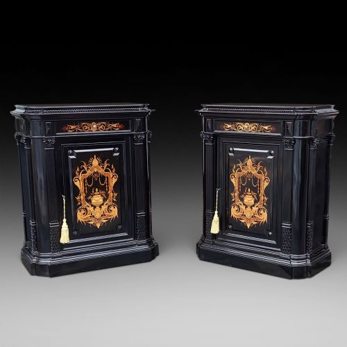 Pair of Continental Ebonised and  Inlaid Pier Cabinets