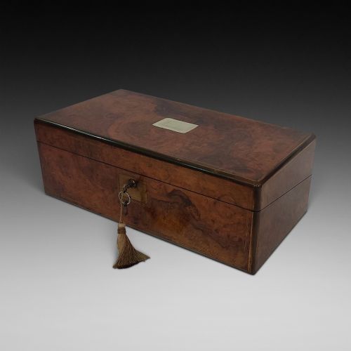 Victorian Burr Walnut and Brass Inlaid Writing Slope Box