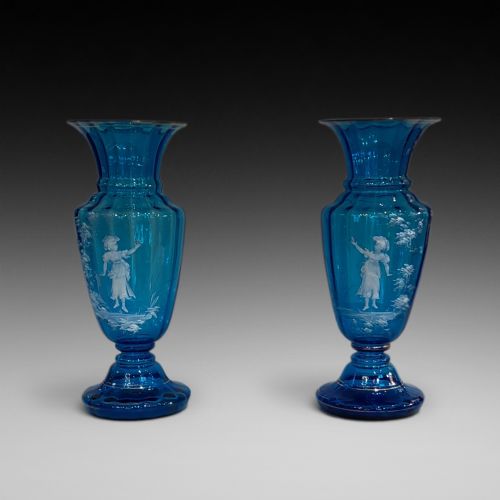 Pair of Victorian Light Blue Bohemian "Mary Gregory" Glassware Vases