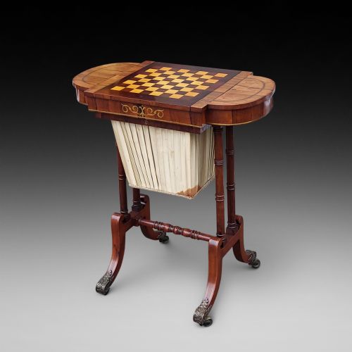 EARLY 19THC ROSEWOOD BRASS STRUNG GAMES AND WORK TABLE