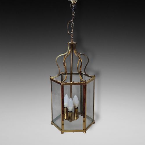 Early 20thc Hexagonal Brass Hall Lantern
