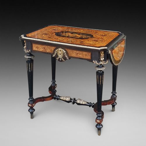 19thc Brass Mounted Marquetry & Ebony Table
