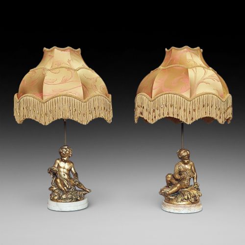 PAIR OF ITALIAN GILT ALABASTER MOUNTED CHERUBIC TABLE LAMPS