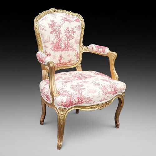 LATE 19THC FRENCH GILTWOOD OPEN ARM CHAIR