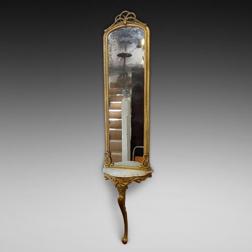 Late 19thc French Gilt Gesso Pier Mirror Mounted on a Marble Topped Console