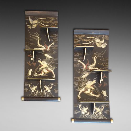 Pair of Early 20thc Chinese Lacquered Hanging Shelves
