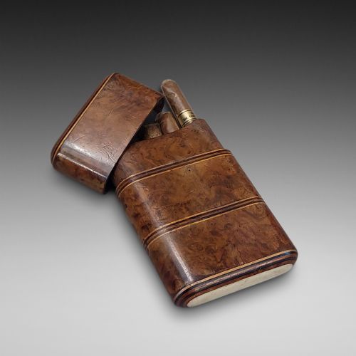 Late 19thc Inlaid Burr Walnut Cigar Case