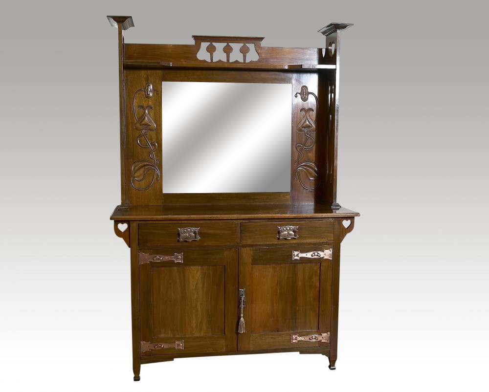 Art Nouveau walnut mirror backed sideboard with original copper fittings c1900