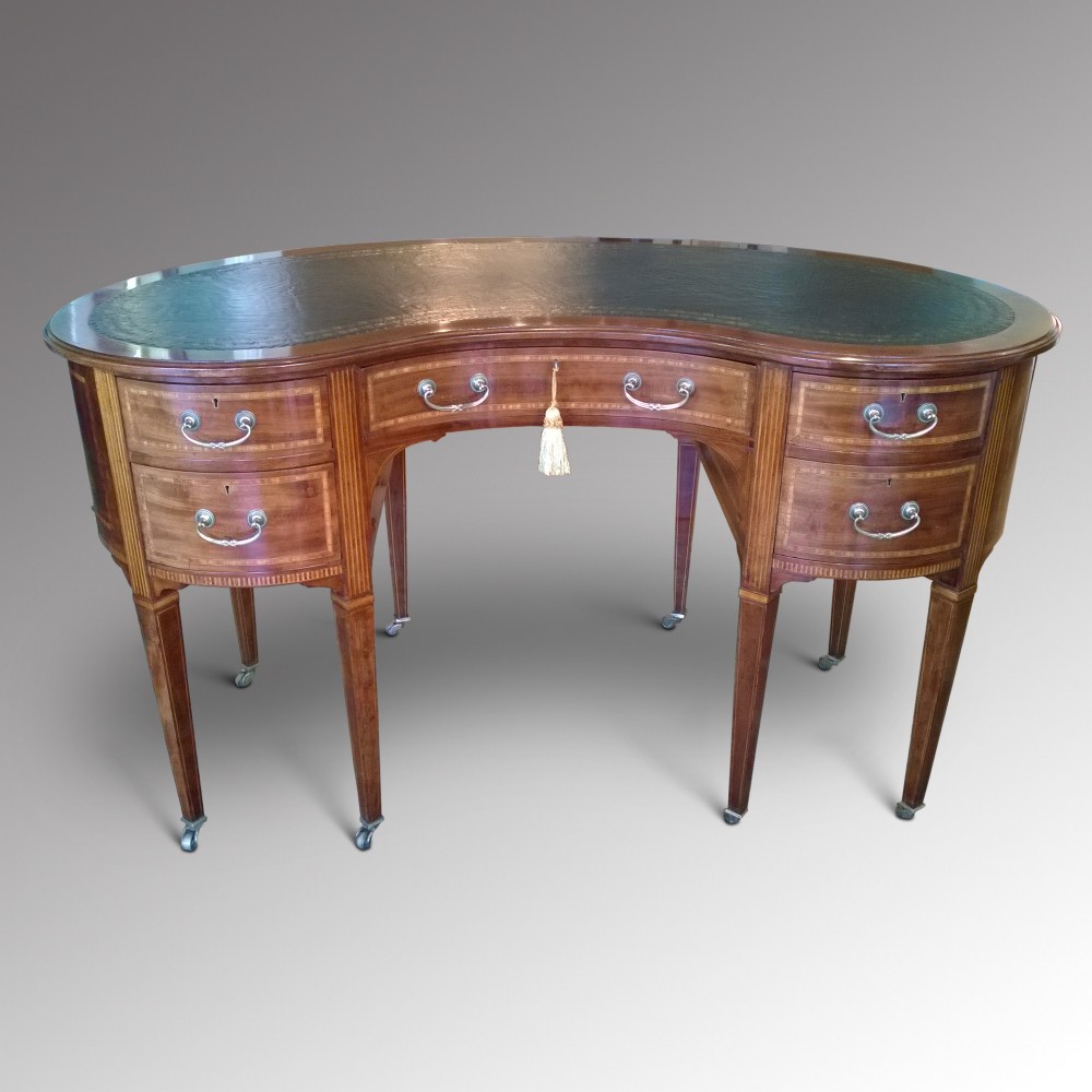 Edwardian Inlaid Mahogany Kidney Shaped Desk